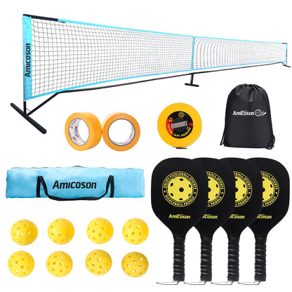 Amicoson pickleball set with 22ft net, 4 wooden paddles, 8 pickleballs, carrying bag, court marking tape, and measuring tape.