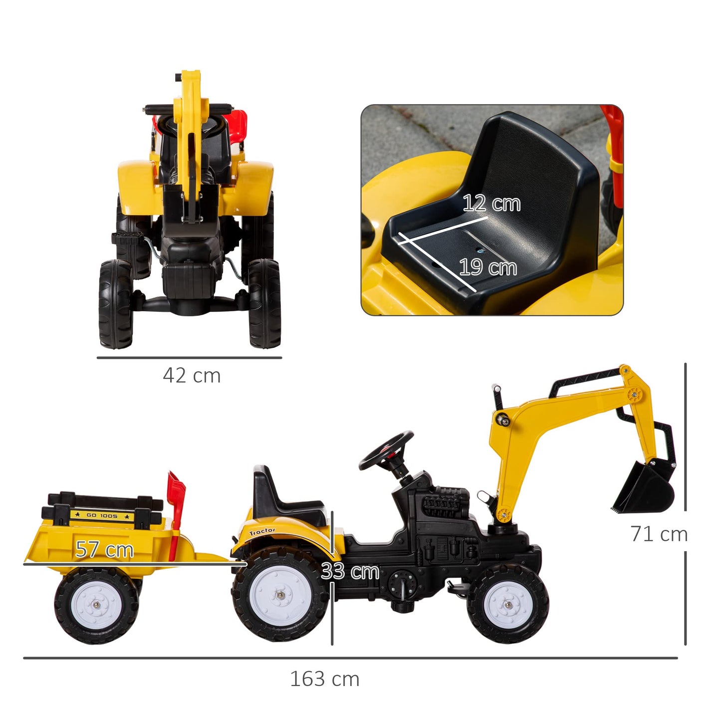 HOMCOM Ride On Tractor for Kids, 3 in 1 Ride On Digger Toy Car with Adjustable Arm & Manual Shovel and Removable Trailer, Pretend Play Construction Truck for 3-6 Years