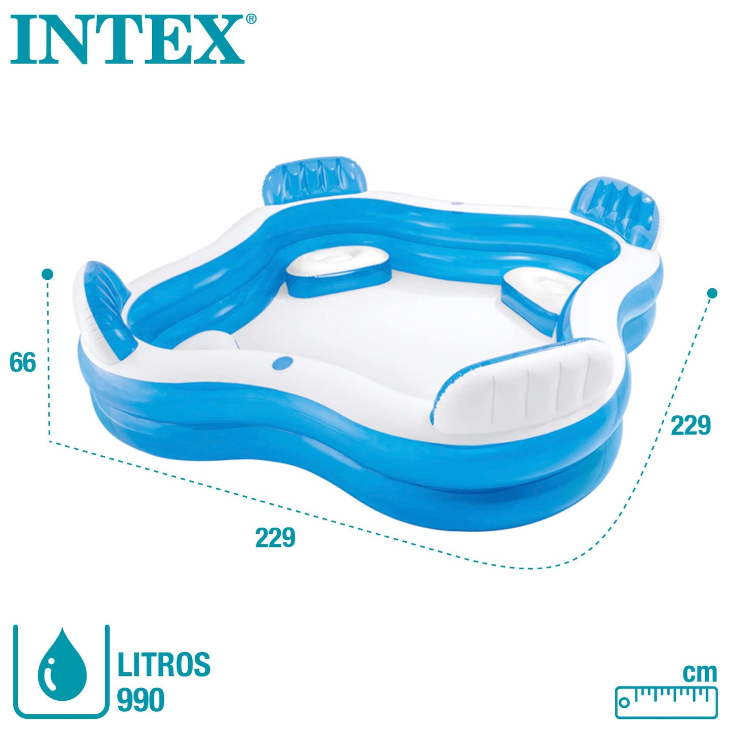 Intex Inflatable Swim Center Family Lounge, multi-color, 90 x 90 x 26 inches, suitable for family fun in the pool.