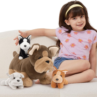MorisMos Giant 45cm Dog Soft Toy with 3 Cuddly Puppies Baby Inside, Big Fluffly French Bulldog Plush, Realistic Kawaii Dog Teddy Gift for Kids Birthday Christmas Deco