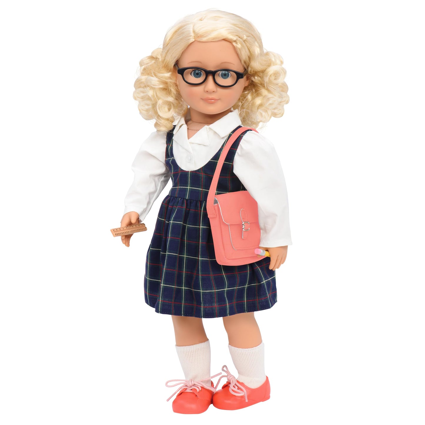 Our Generation stylish school uniform outfit for 18-inch dolls, featuring clothing and classroom supplies in 8 pieces.