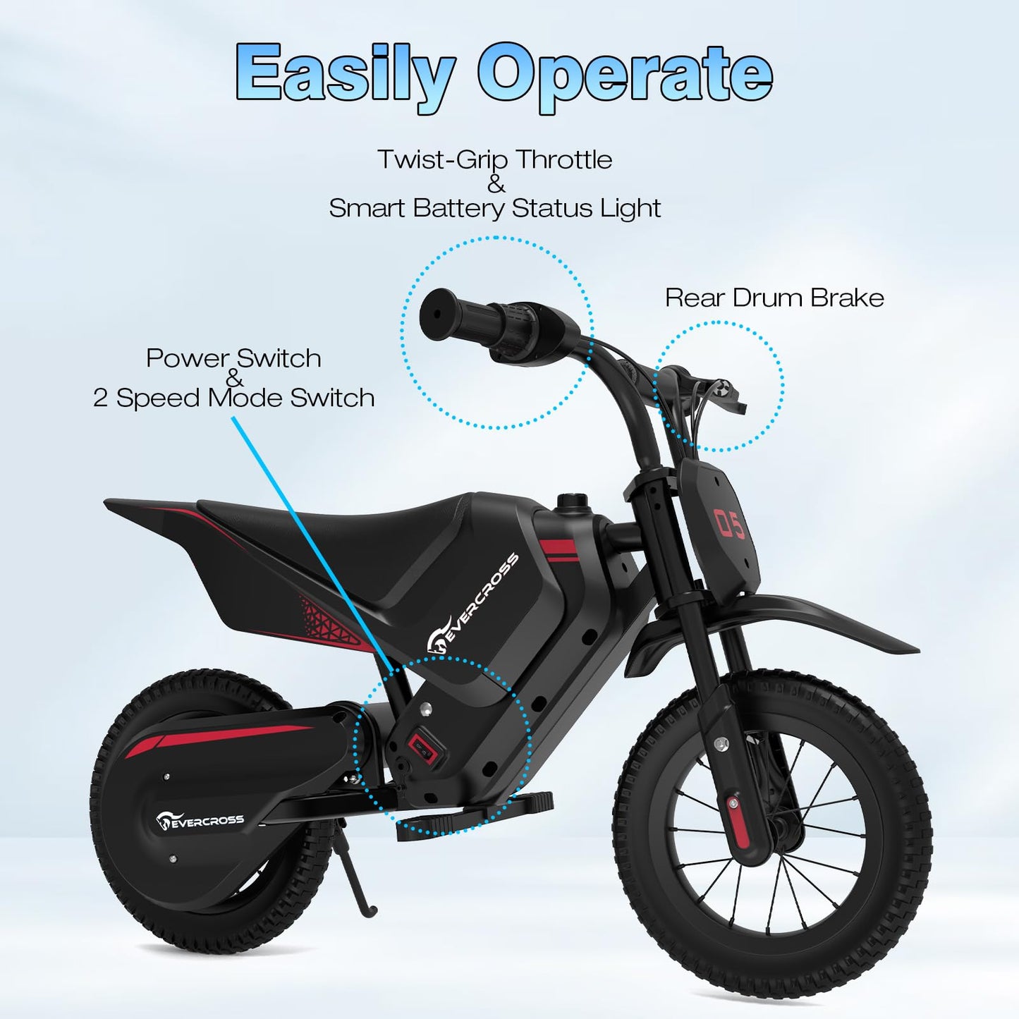 Evercross EV05M electric kids motorcycle with 12-inch motocross design, 150W motor, and adjustable speed modes for children aged 3-12.