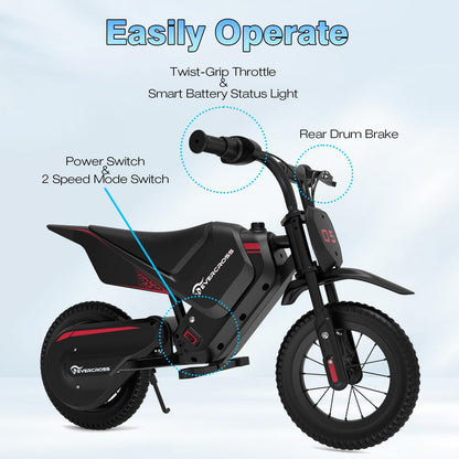 Evercross EV05M electric kids motorcycle with 12-inch motocross design, 150W motor, and adjustable speed modes for children aged 3-12.