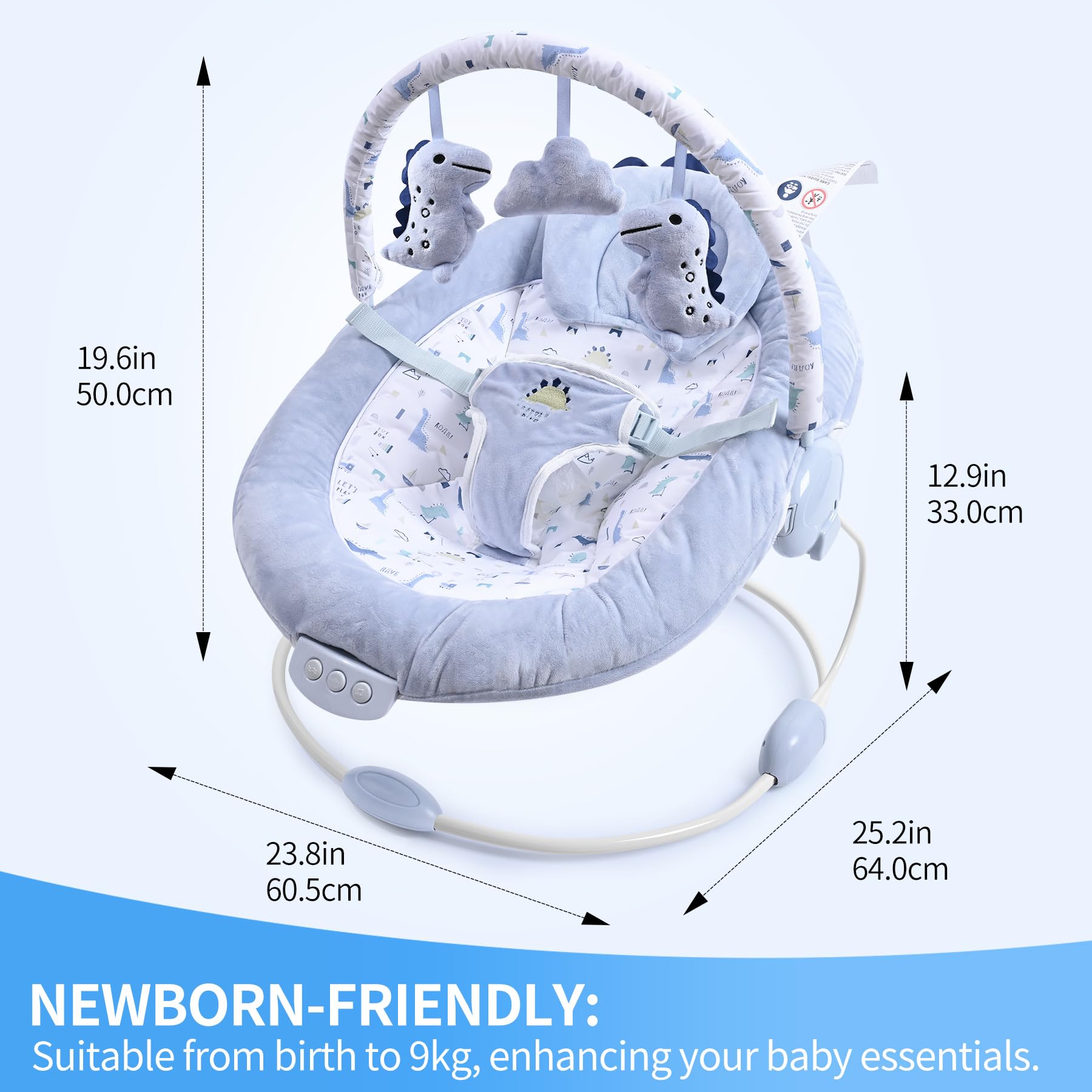 LADIDA soft light blue baby bouncer with removable toy bar, soothing vibrations, music, and plush toys for newborns.