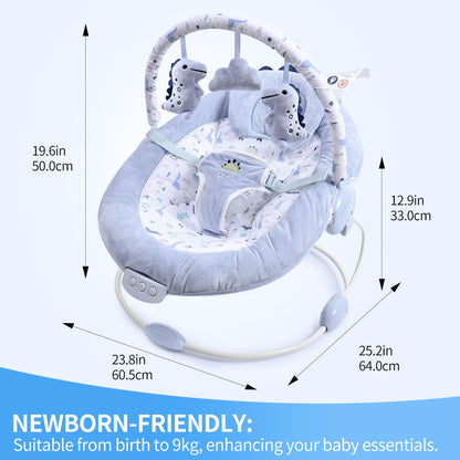LADIDA soft light blue baby bouncer with removable toy bar, soothing vibrations, music, and plush toys for newborns.