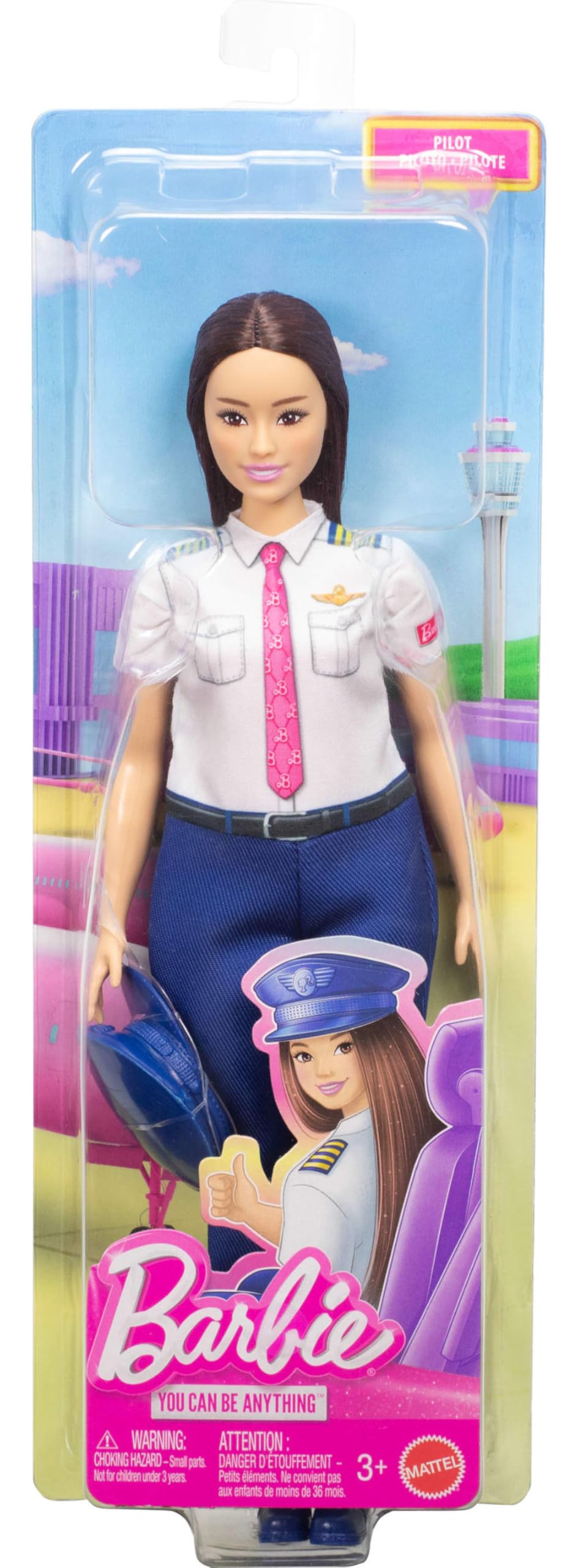 Barbie Careers pilot fashion doll with removable flight uniform, shoes, and hat accessory, showcasing a professional pilot look.