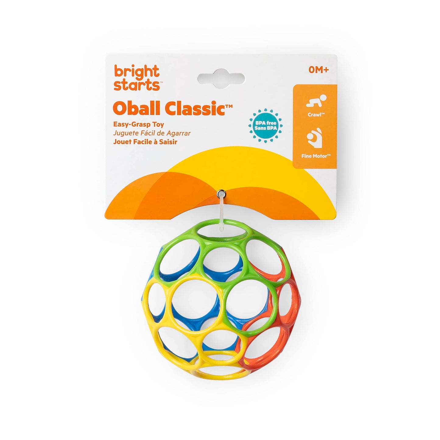 Bright Starts Oball classic infant toy, BPA-free, colorful easy grasp ball in red, yellow, green, and blue, 4 inches.