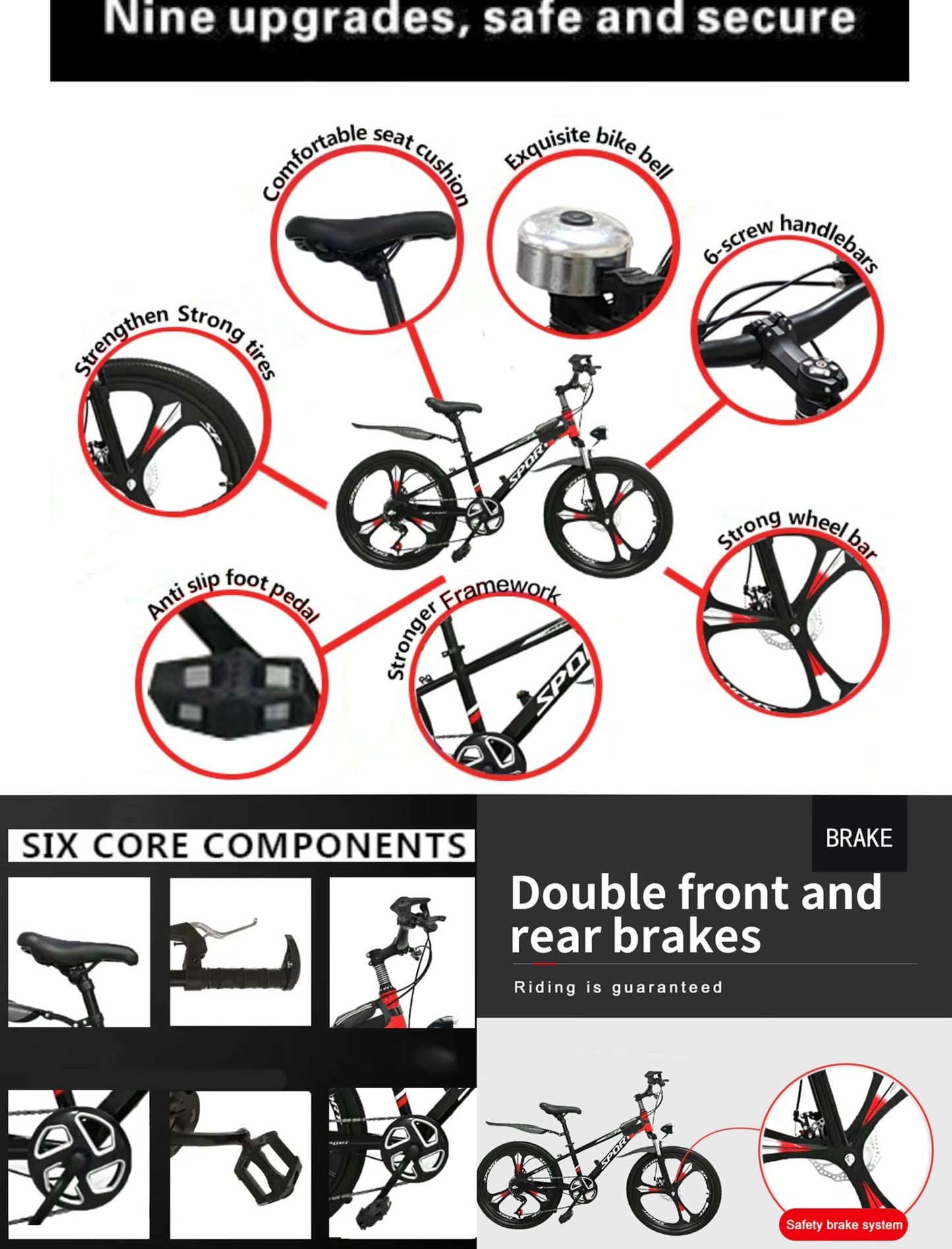 Unisex 20-inch kids' mountain bike with 7 gears, magnesium wheels, suspension, dual disc brakes, headlight, and tool kit.