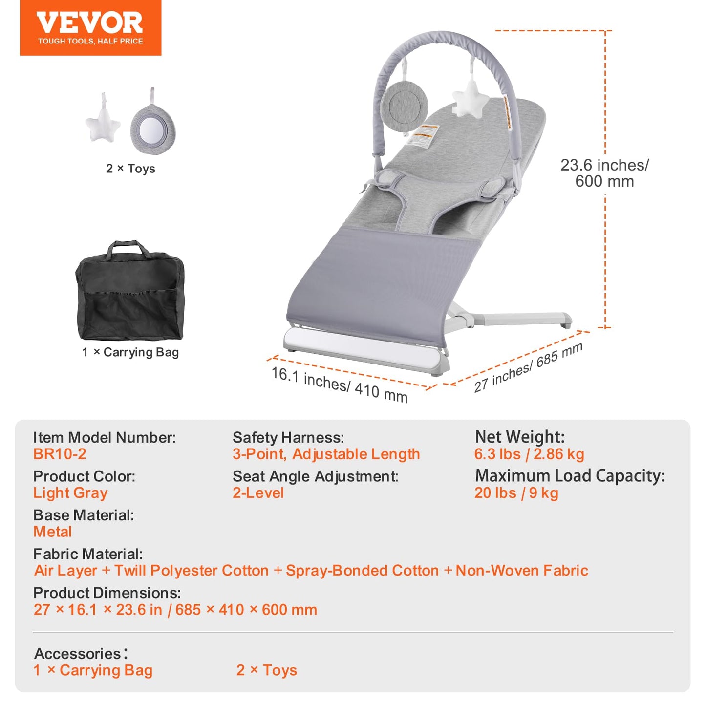 VEVOR baby bouncer seat for infants 0-9 months, folding, with reclining angles, toy bar, portable infant rocker with travel bag