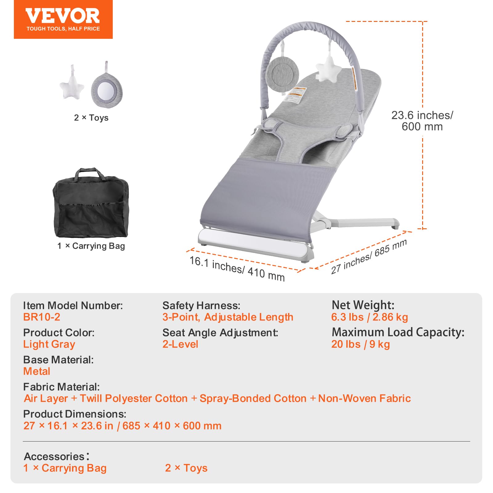 VEVOR baby bouncer seat for infants 0-9 months, folding, with reclining angles, toy bar, portable infant rocker with travel bag