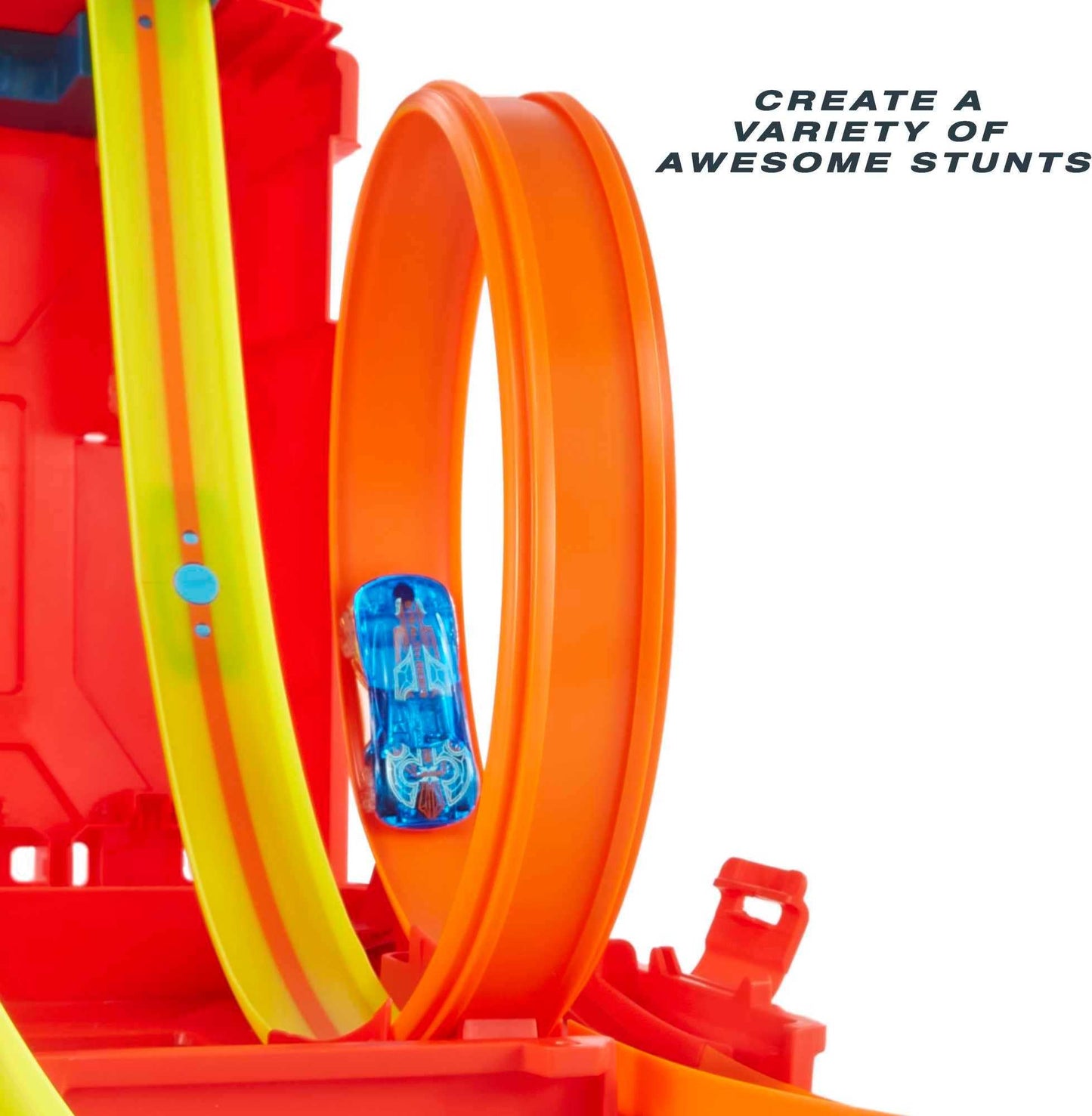 Hot Wheels Track Builder Unlimited Fuel Can Stunt Box with track pieces and toy cars for ages 6 to 12.