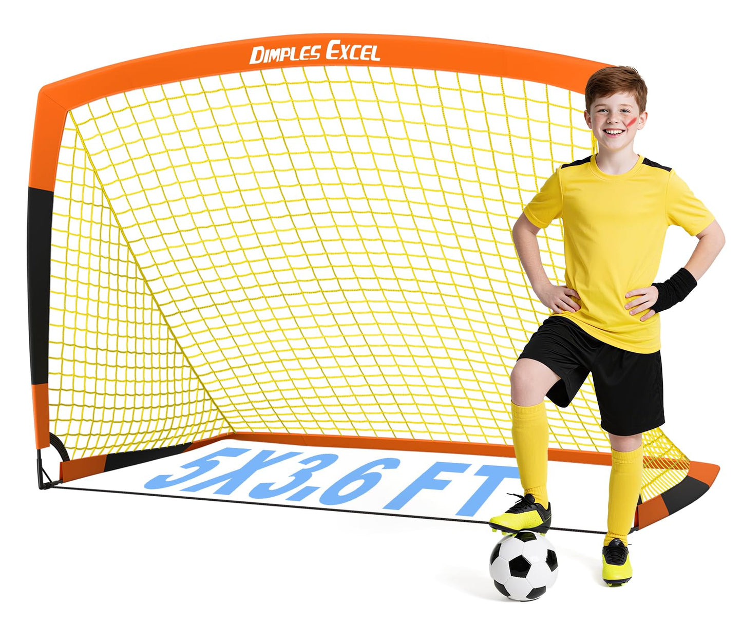 Dimples Excel pop-up football goal in black and orange, 5x3.6 feet, portable and foldable garden soccer net for football fans
