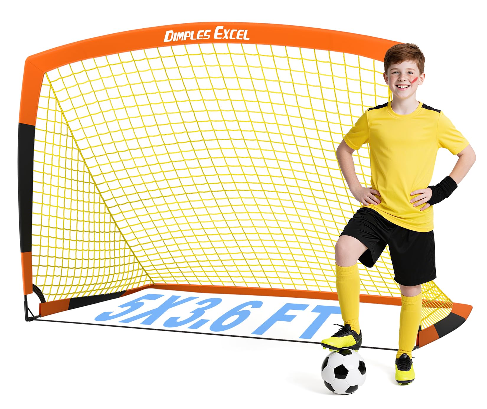 Dimples Excel pop-up football goal in black and orange, 5x3.6 feet, portable and foldable garden soccer net for football fans
