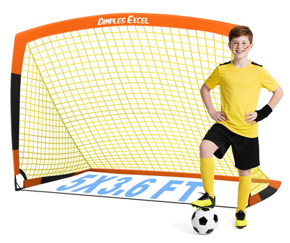Dimples Excel pop-up football goal in black and orange, 5x3.6 feet, portable and foldable garden soccer net for football fans