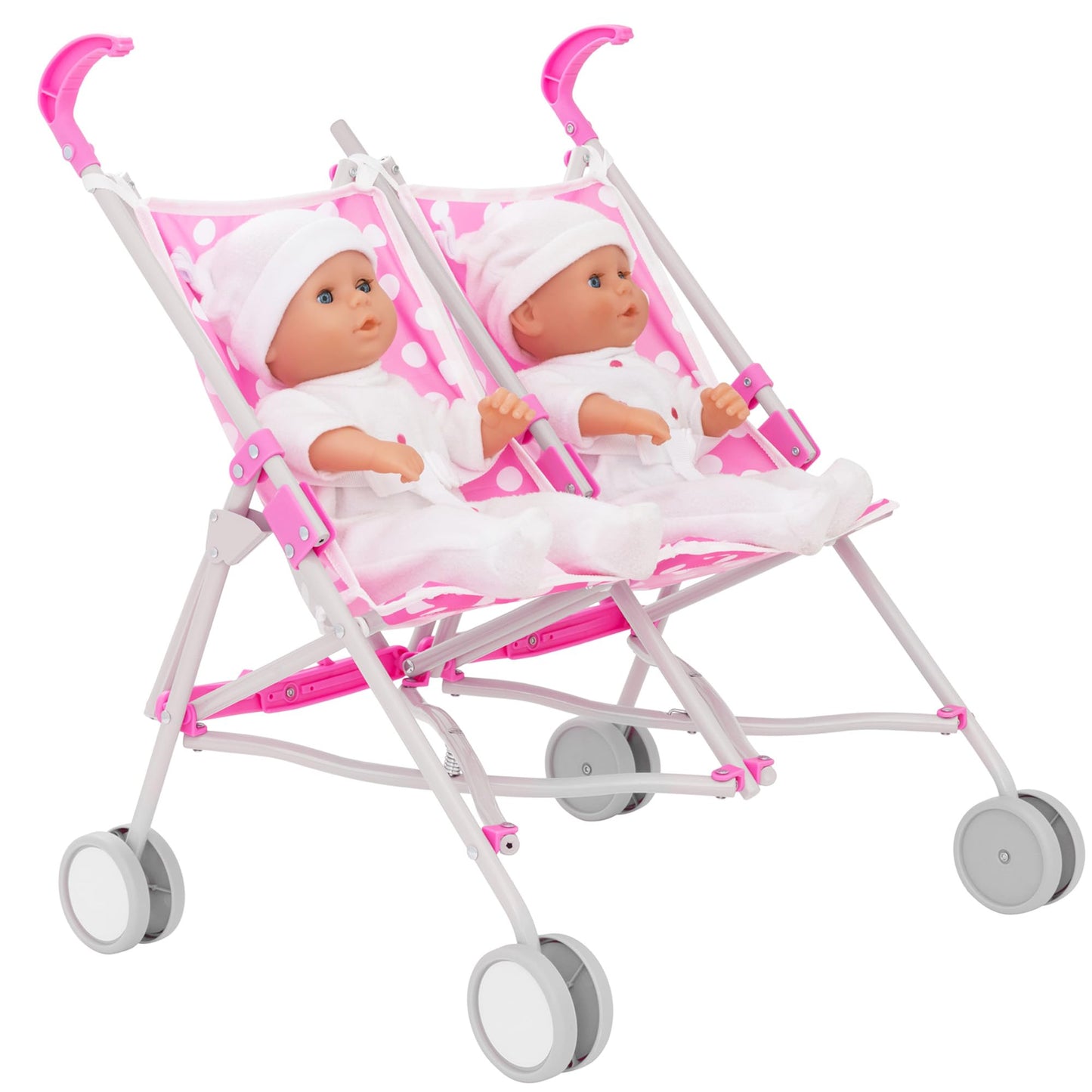 Pink Dolly Tots twin stroller with polka dot design, lightweight foldable double dolls pram for kids aged 2+ with tandem pushchair features.