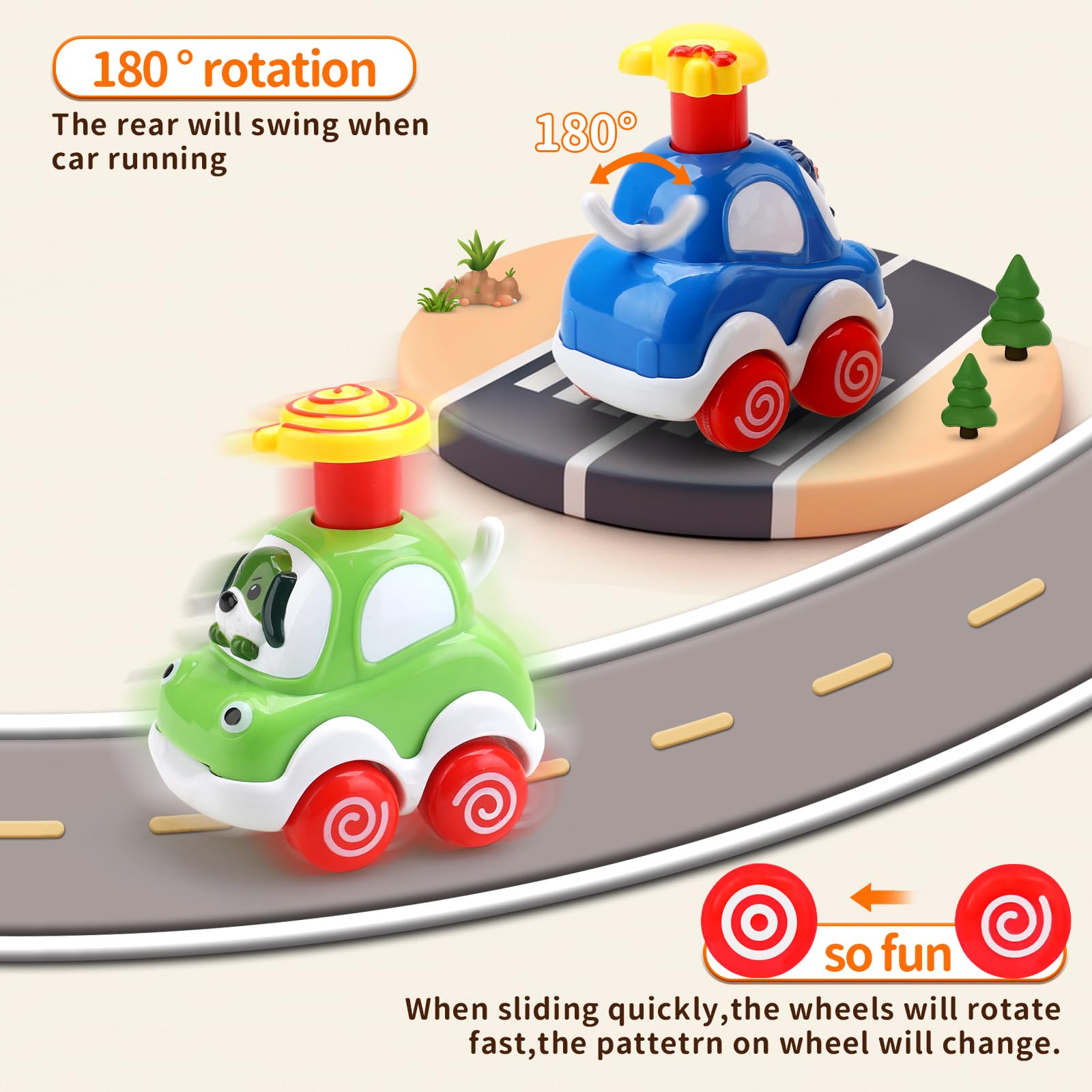 AmyBenton press and go baby toy cars for 1 and 2-year-olds, set of 4 colorful plastic toy cars for young children.