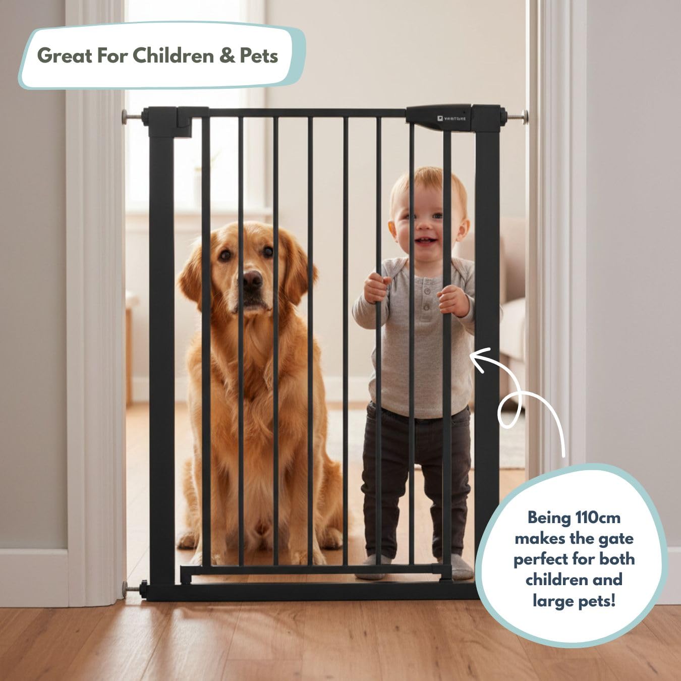 Venture Q-Fix 110cm tall baby gate for stairs and doorways, black, pressure-fit, auto-close, two-way opening, suitable for indoor use