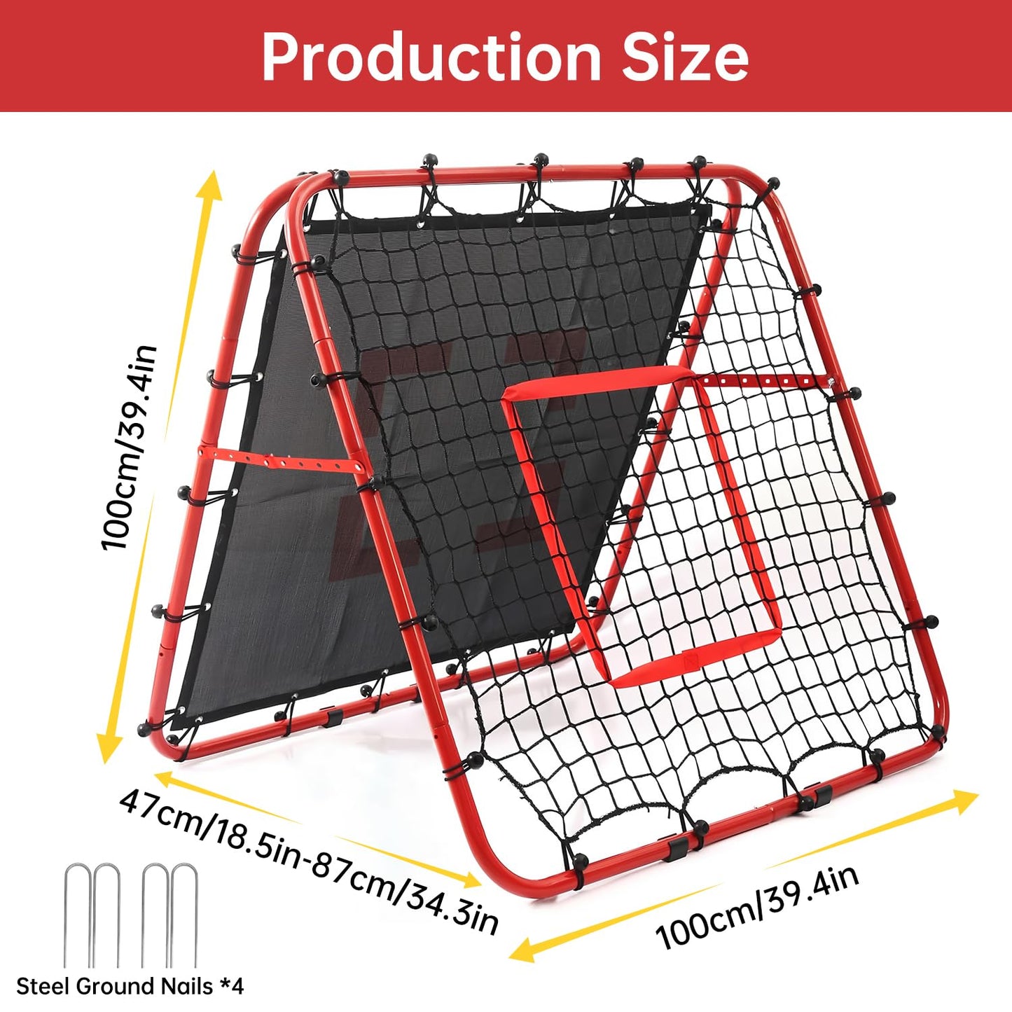 Double-Sided Football Rebounder Net, Adjustable Goal in 5 Levels, Rebound Net with Goal Kickback Target for Kids Soccer Training, Portable Football Goals for Garden Outdoor, 100 x 100 cm Red