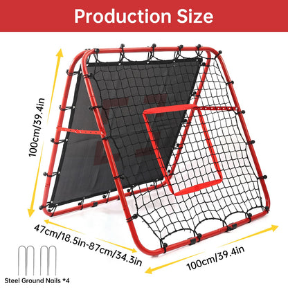 Double-Sided Football Rebounder Net, Adjustable Goal in 5 Levels, Rebound Net with Goal Kickback Target for Kids Soccer Training, Portable Football Goals for Garden Outdoor, 100 x 100 cm Red