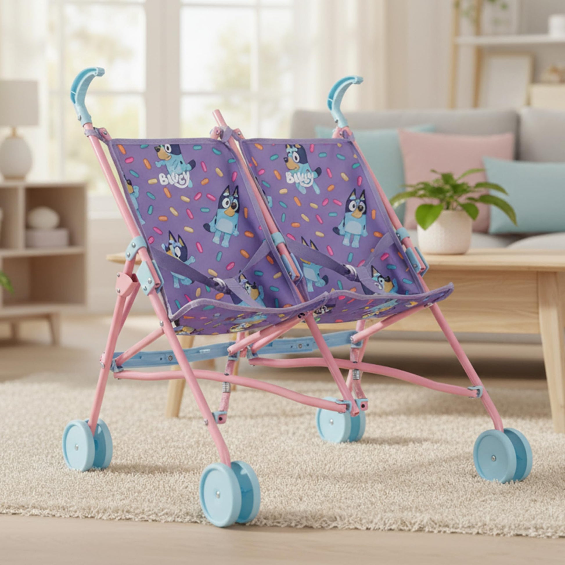 Bluey Buddy Buggy stroller for kids, double toy pram in Bluey print with umbrella fold, lightweight and portable for children ages 2+.