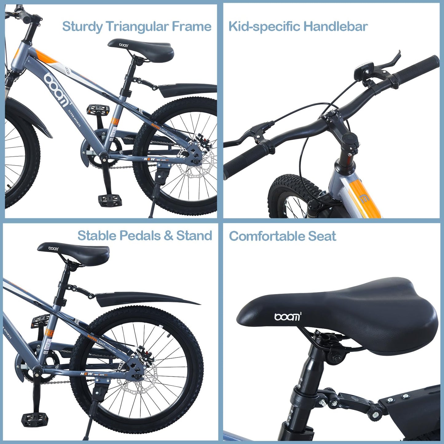 LSBIKE 18 20 22Inch Mountain Kid Bike, Children Bicycle for 5-13 Years Boys & Girls, Kid bikes with Front and Rear Disc Brakes, Mudguards and Front Shock Absorber, Reflector (Grey, 18inch)