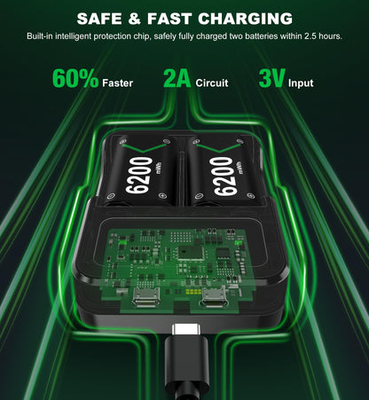 HELLCOOL rechargeable battery pack for Xbox One/Series X|S controllers, high capacity 6200mWh with charger and LED indicator.