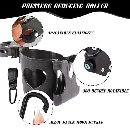 Black BAGUBDR pram cup holder with phone holder for strollers, buggies, bikes; fits pram accessories and pushchair models.