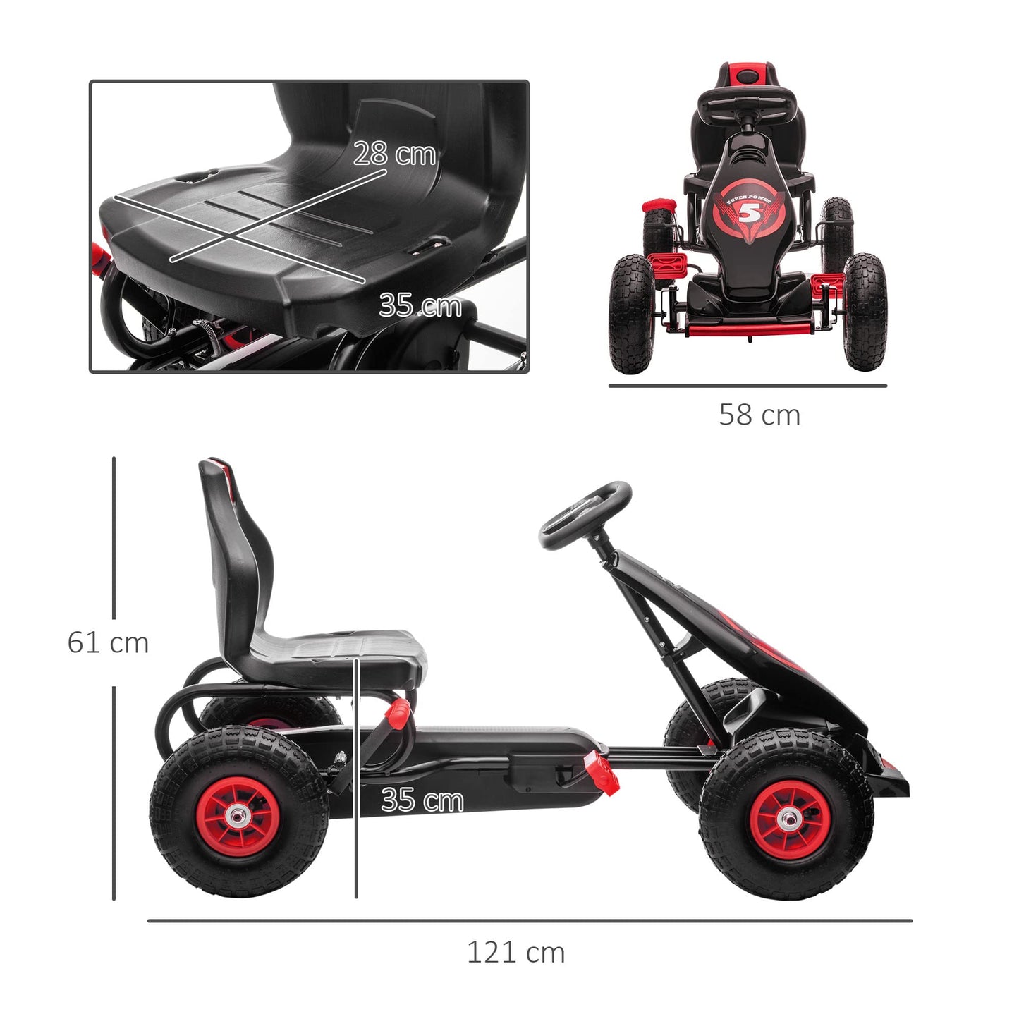 HOMCOM Children Pedal Go Kart, Raving Go Kart with Adjustable Seat, Inflatable Tyres, Shock Aborb, Handbrake, for Ages 5-12 Years - Red
