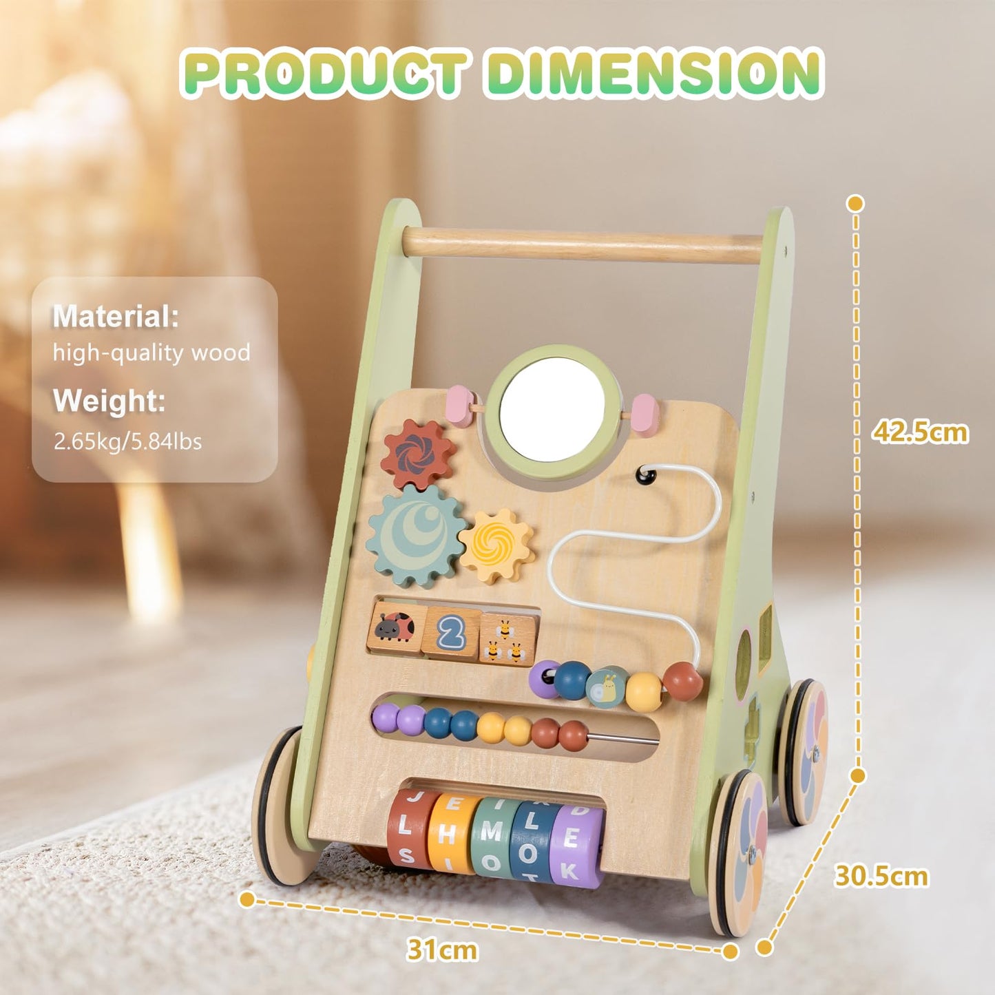 LOL-FUN wooden baby walker for toddlers 6-12 months, 10-in-1 push along activity center with speed control for 1-year-olds