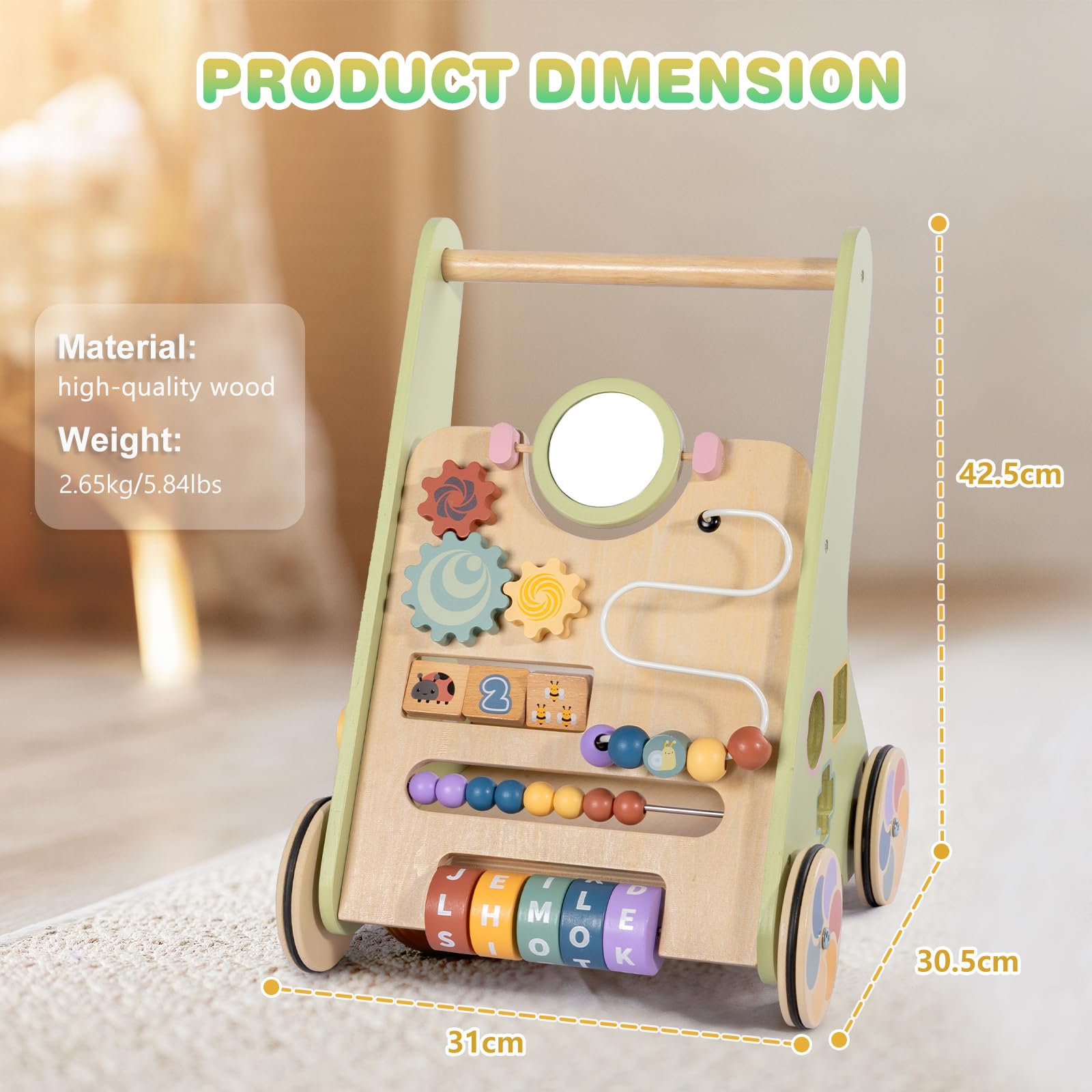 LOL-FUN wooden baby walker for toddlers 6-12 months, 10-in-1 push along activity center with speed control for 1-year-olds
