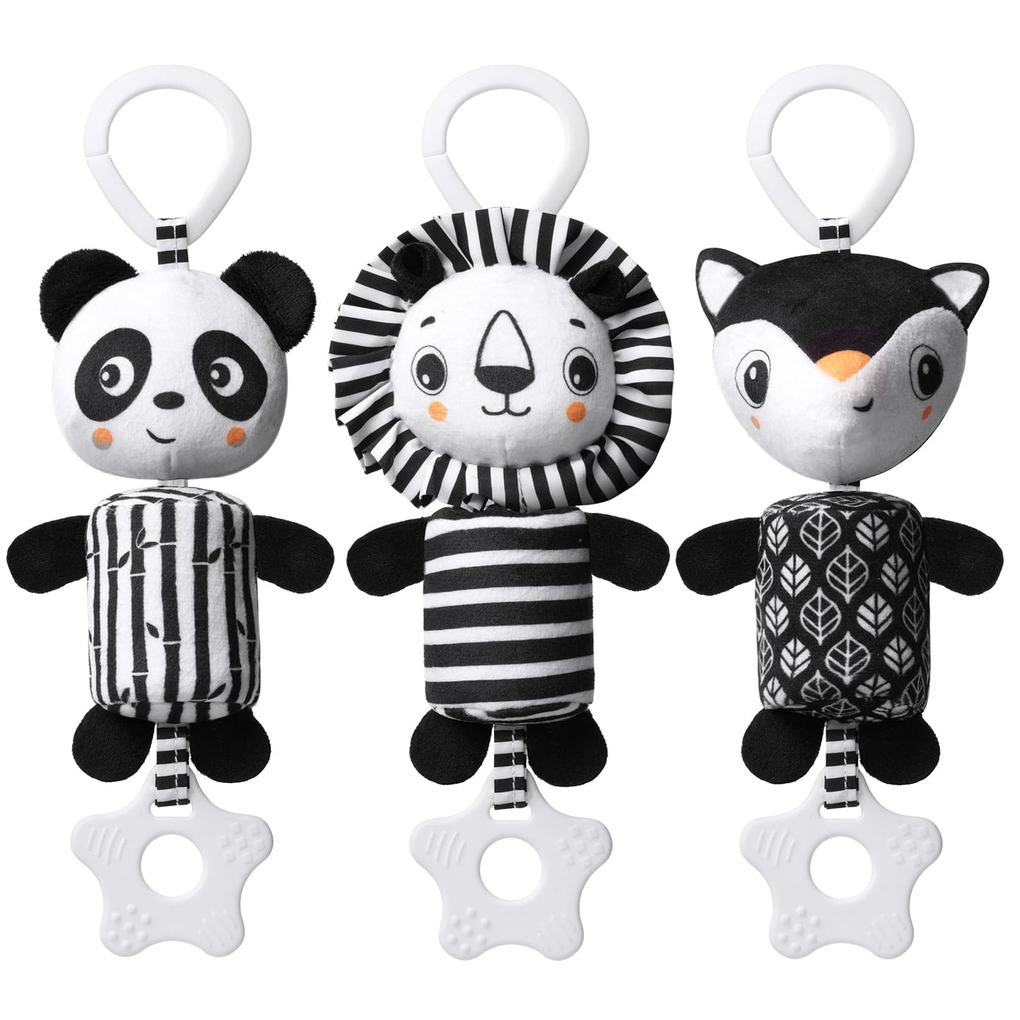 Aolso baby pram pushchair toys set with three black and white hanging sensory toys featuring panda, lion, and fox designs with teethers.