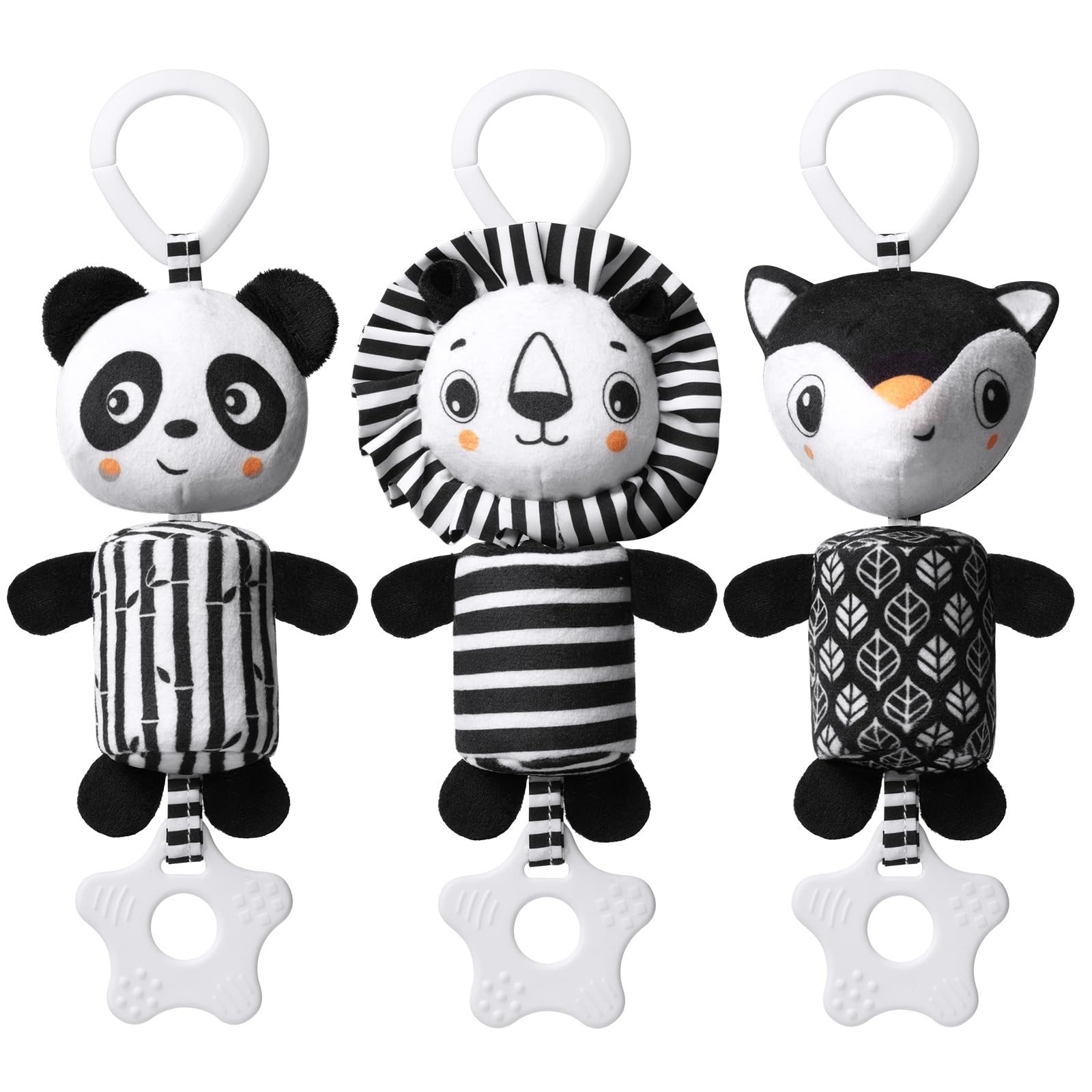 Aolso baby pram pushchair toys set with three black and white hanging sensory toys featuring panda, lion, and fox designs with teethers.