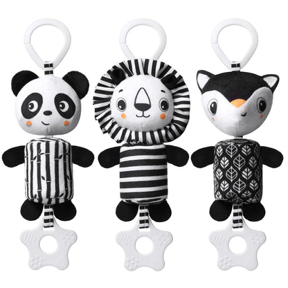 Aolso baby pram pushchair toys set with three black and white hanging sensory toys featuring panda, lion, and fox designs with teethers.