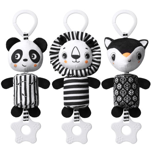 Aolso baby pram pushchair toys set with three black and white hanging sensory toys featuring panda, lion, and fox designs with teethers.