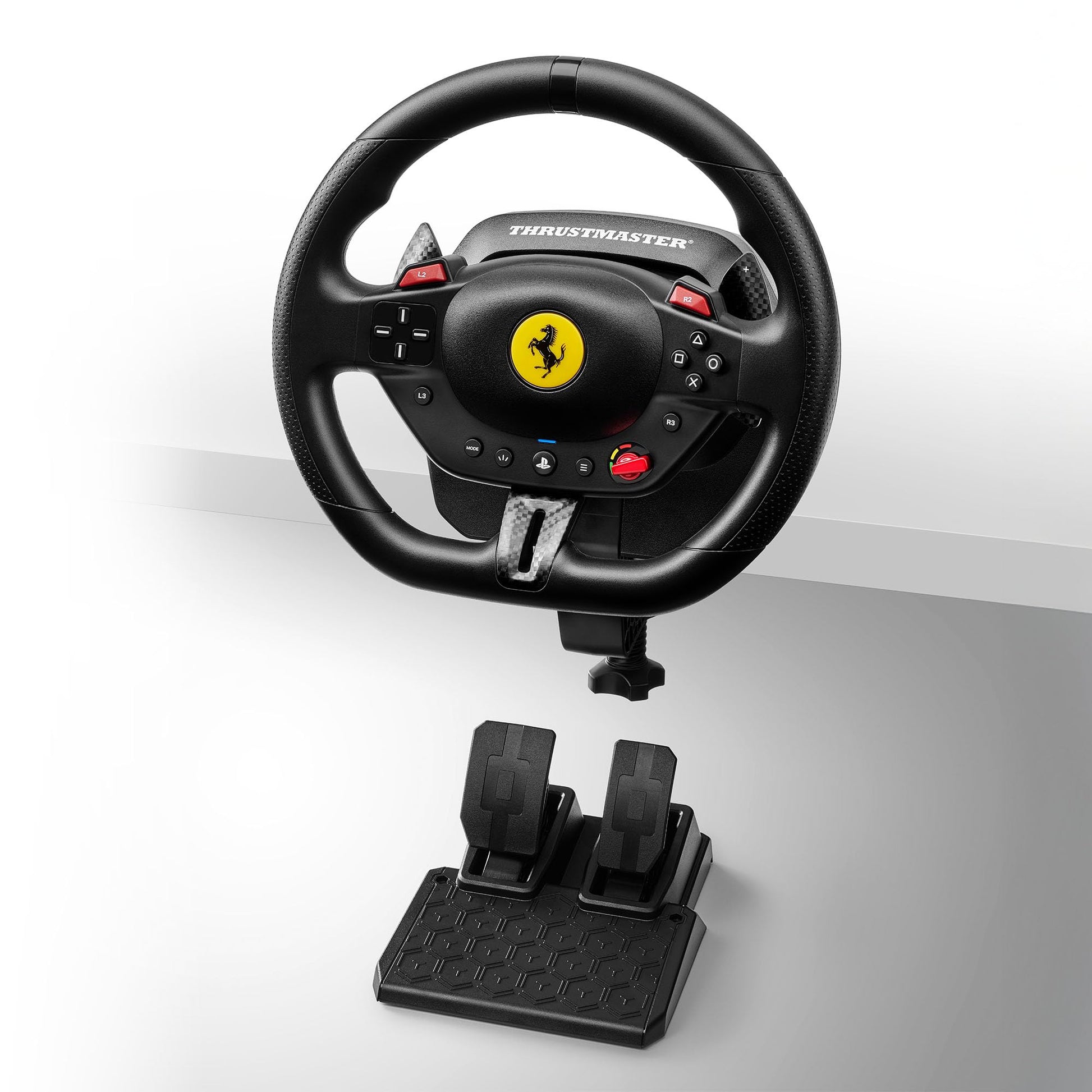Thrustmaster T98 Ferrari 296 GTB racing wheel and pedals, black with manettino dial, PS5, PS4, and PC compatible.