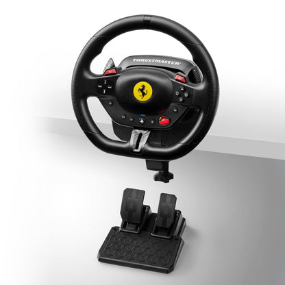Thrustmaster T98 Ferrari 296 GTB racing wheel and pedals, black with manettino dial, PS5, PS4, and PC compatible.
