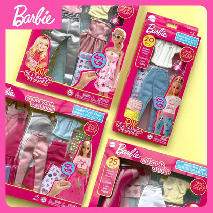 Barbie DIY Urban & Chic Fashion Designer Set with outfits, leggings, stickers, and accessories for creative kids' play.