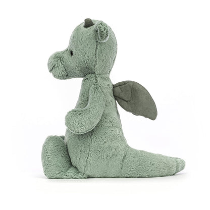 Medium Bashful Green Dragon plush soft toy by Jellycat, featuring a cute design and soft, cuddly texture.