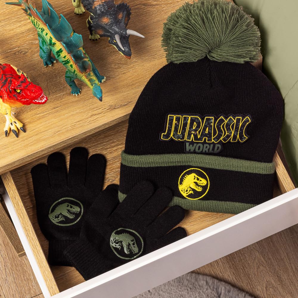 Jurassic World Boys Beanie Hat & Gloves Set – 100% Acrylic Winter Bobble Hat & Stretch Gloves – Dinosaur T-Rex Winter Accessories Set