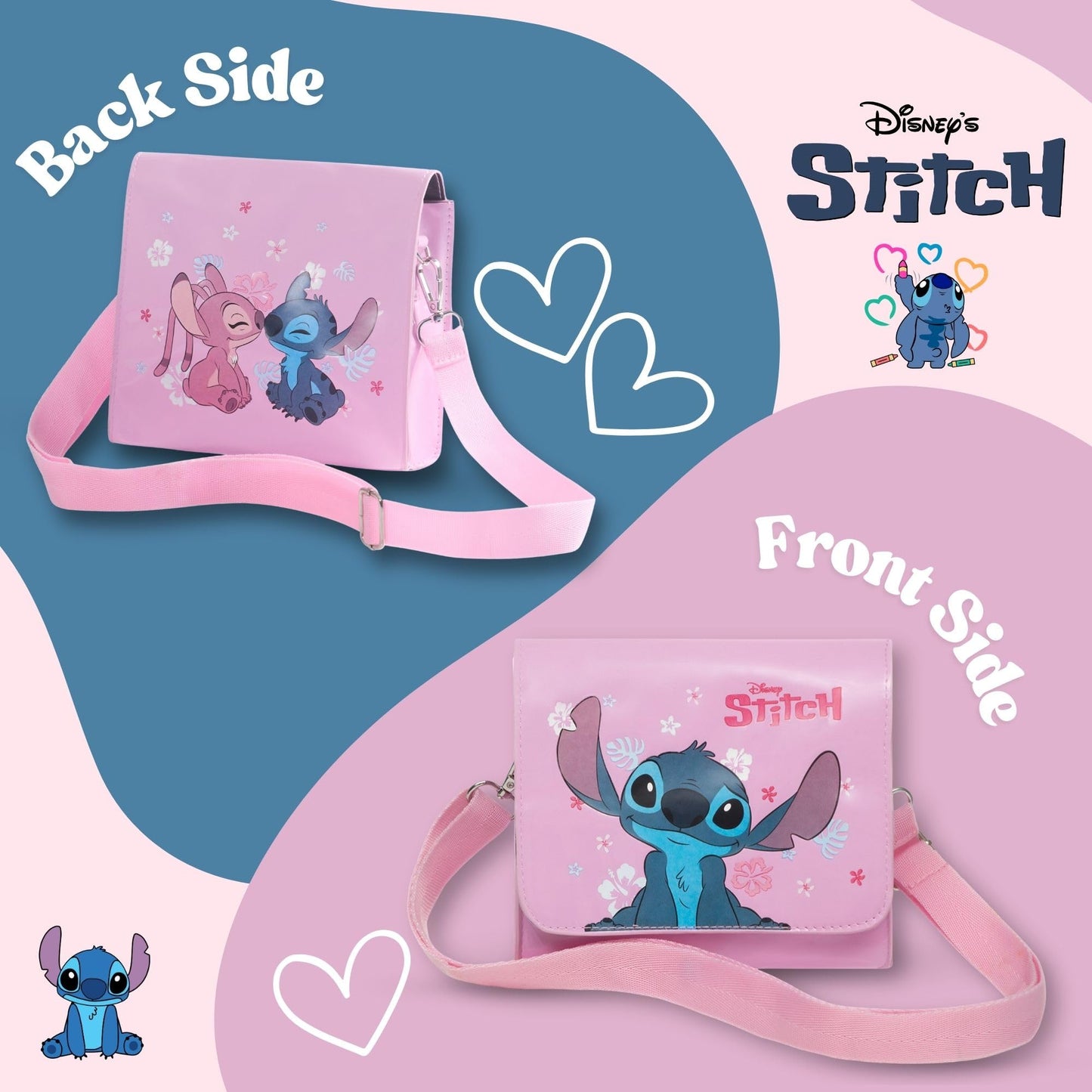 Pink Disney Stitch and Angel girls' shoulder handbag with adjustable strap, featuring Lilo & Stitch characters for kids and teens.