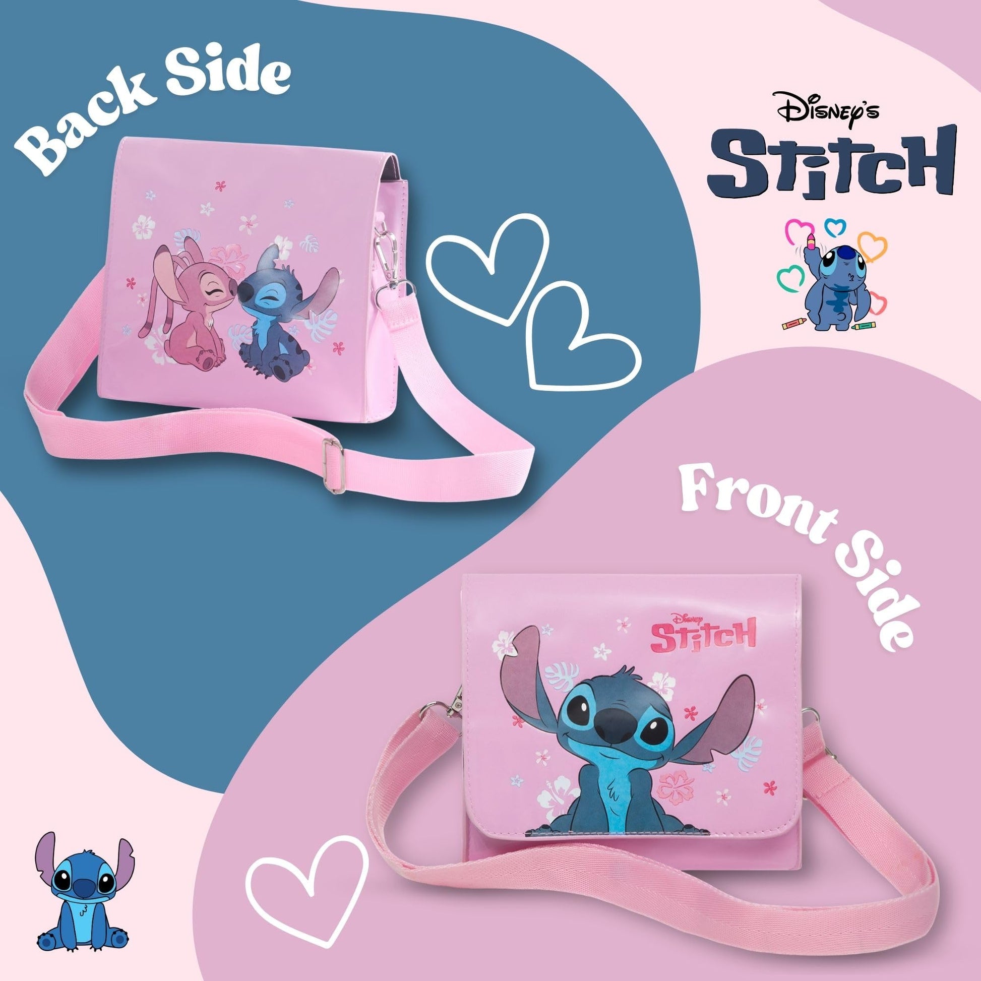 Pink Disney Stitch and Angel girls' shoulder handbag with adjustable strap, featuring Lilo & Stitch characters for kids and teens.