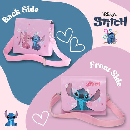 Pink Disney Stitch and Angel girls' shoulder handbag with adjustable strap, featuring Lilo & Stitch characters for kids and teens.