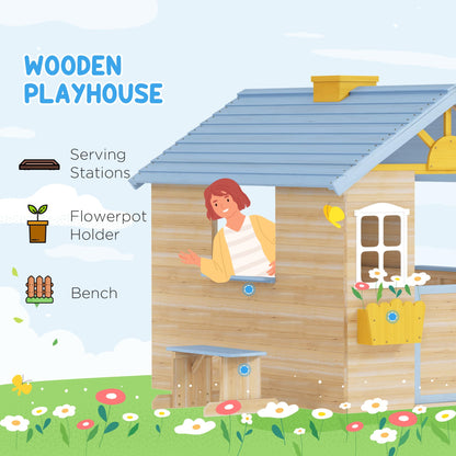 Outsunny wooden playhouse for kids with blue exterior, picnic bench, door, windows, flower pot, and pretend play features for ages 3-7.