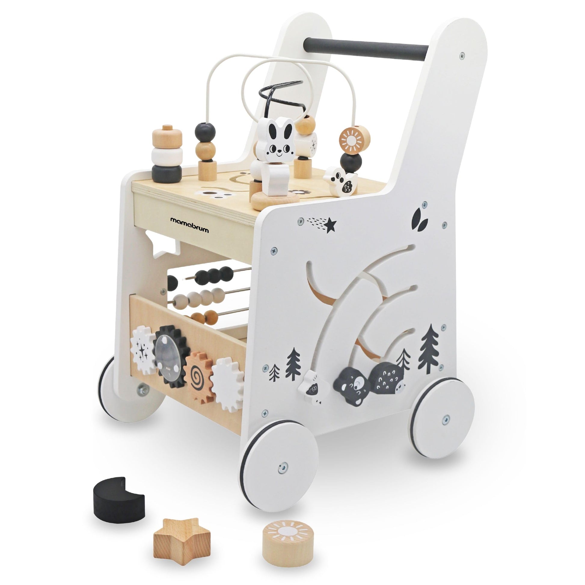 Mamabrum wooden baby walker with wheels, 6-in-1 activity centre featuring shape sorter, bead mazes, gears, and stacking blocks.