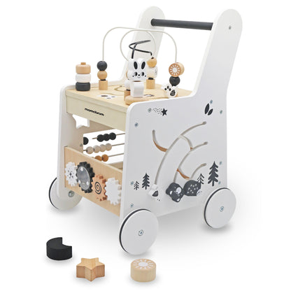 Mamabrum wooden baby walker with wheels, 6-in-1 activity centre featuring shape sorter, bead mazes, gears, and stacking blocks.