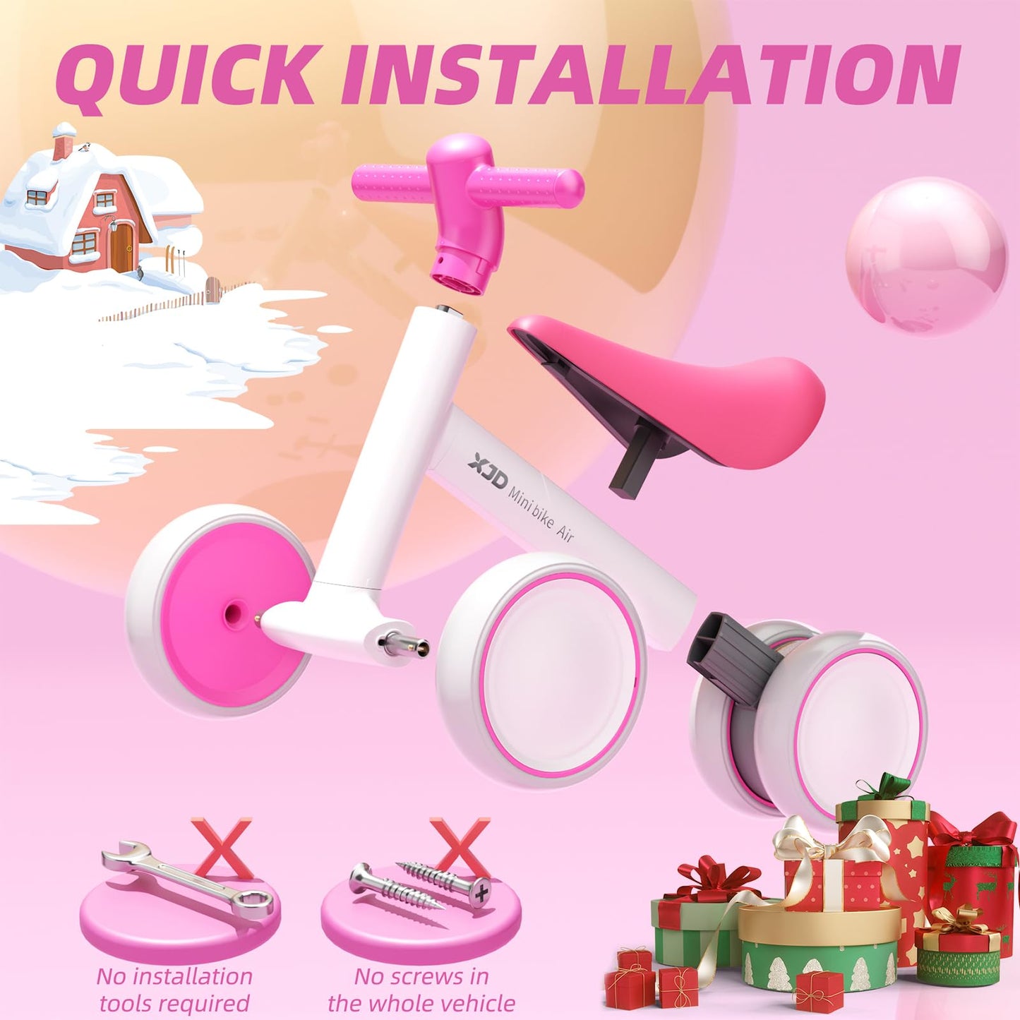 XJD baby balance bike in pink and white for toddlers aged 10-24 months, featuring no pedals for easy riding.