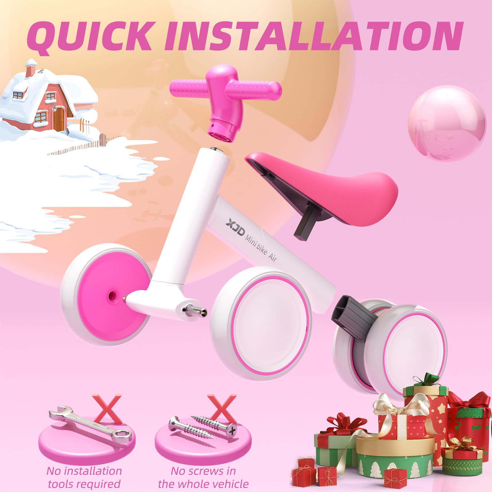 XJD baby balance bike in pink and white for toddlers aged 10-24 months, featuring no pedals for easy riding.