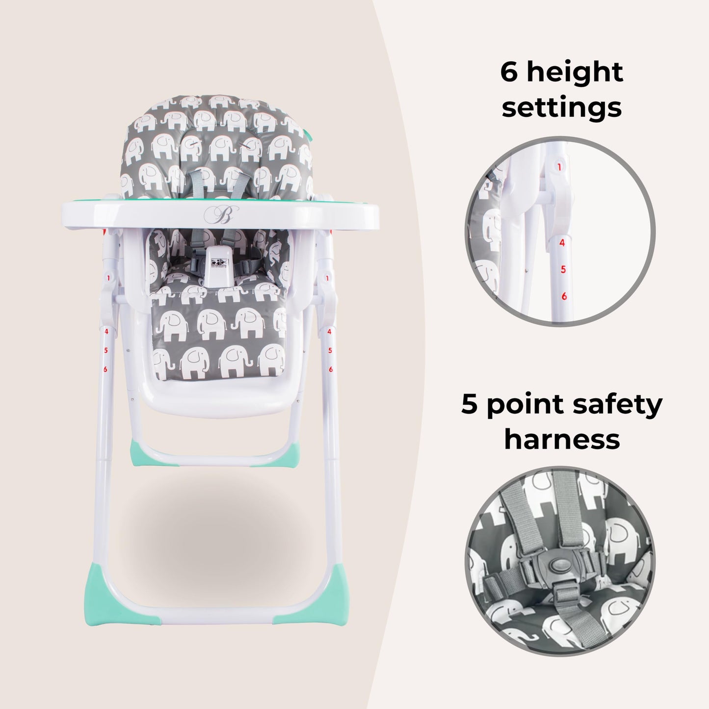 My Babiie Billie Faiers Signature Range MBHC8GE Elephants Premium Highchair, Grey