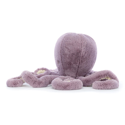 Soft Jellycat Maya Octopus in pink, measuring 32 cm high and 11 cm long, with tentacles and friendly face.