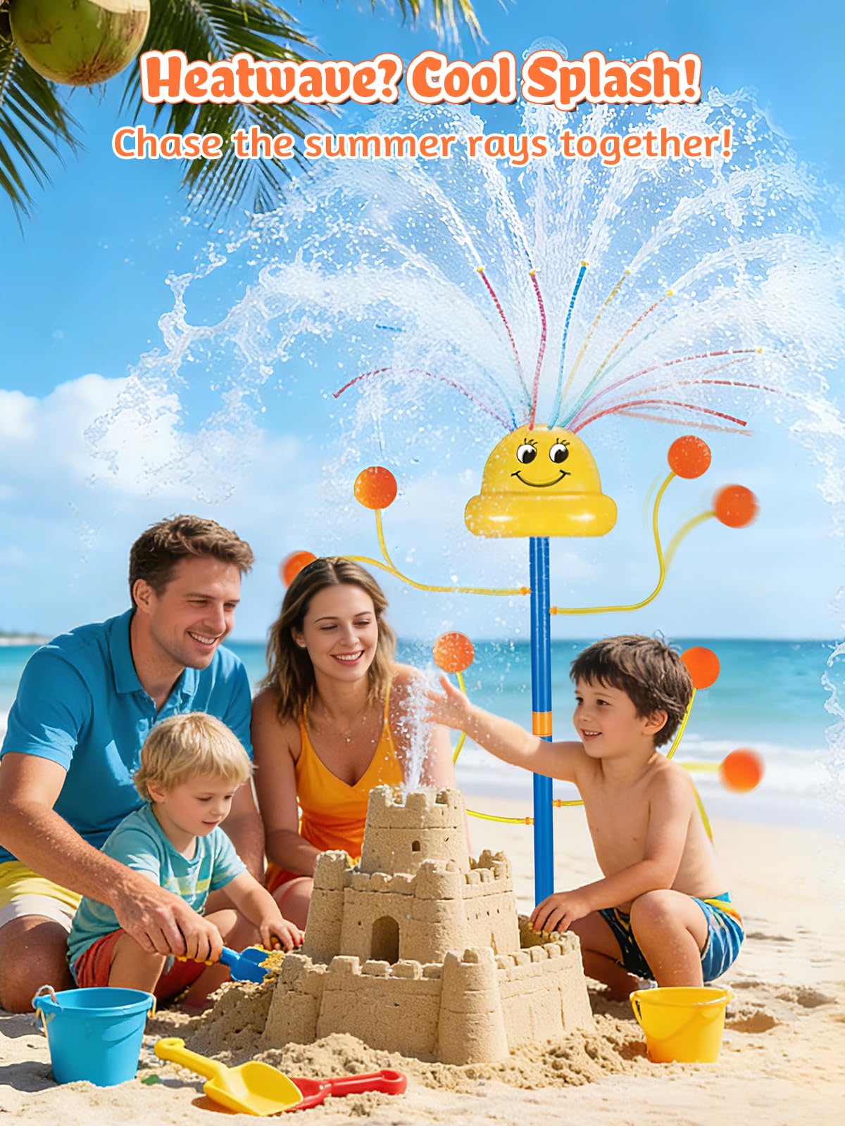 VATOS Water Sprinkler Outdoor Yard Toy for Kids, Smile Face Rainbow Splash Toy with 8 Wiggle Tubes 4 Nozzle, Backyard Lawn Water Sprinkler, Summer Family Games, Fun Water Toys for Kids 3-8 Boy Girl